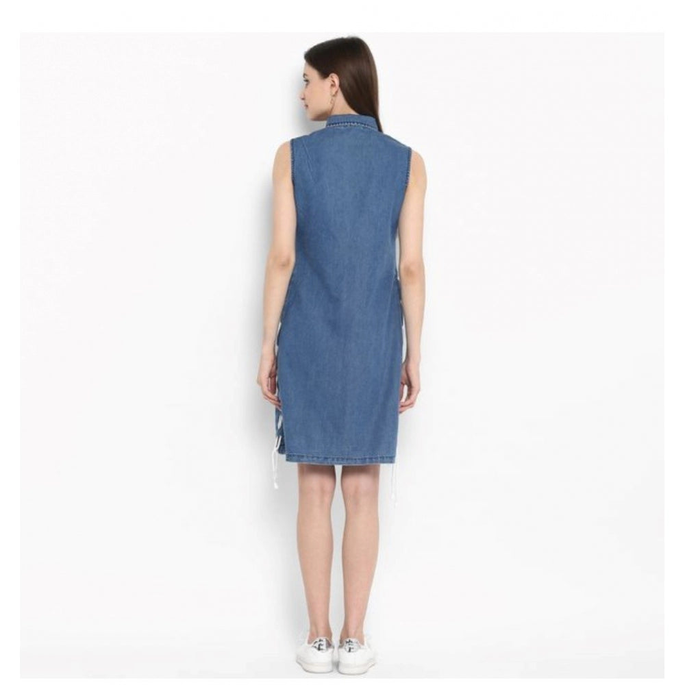 Women's Denim Solid Sleeveless Above Knee Dress (Blue) - GillKart