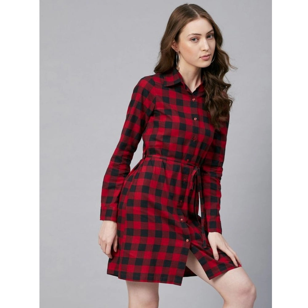 Women's Cotton Checkered Long Sleeves Above Knee Dress (Red - Black) - GillKart