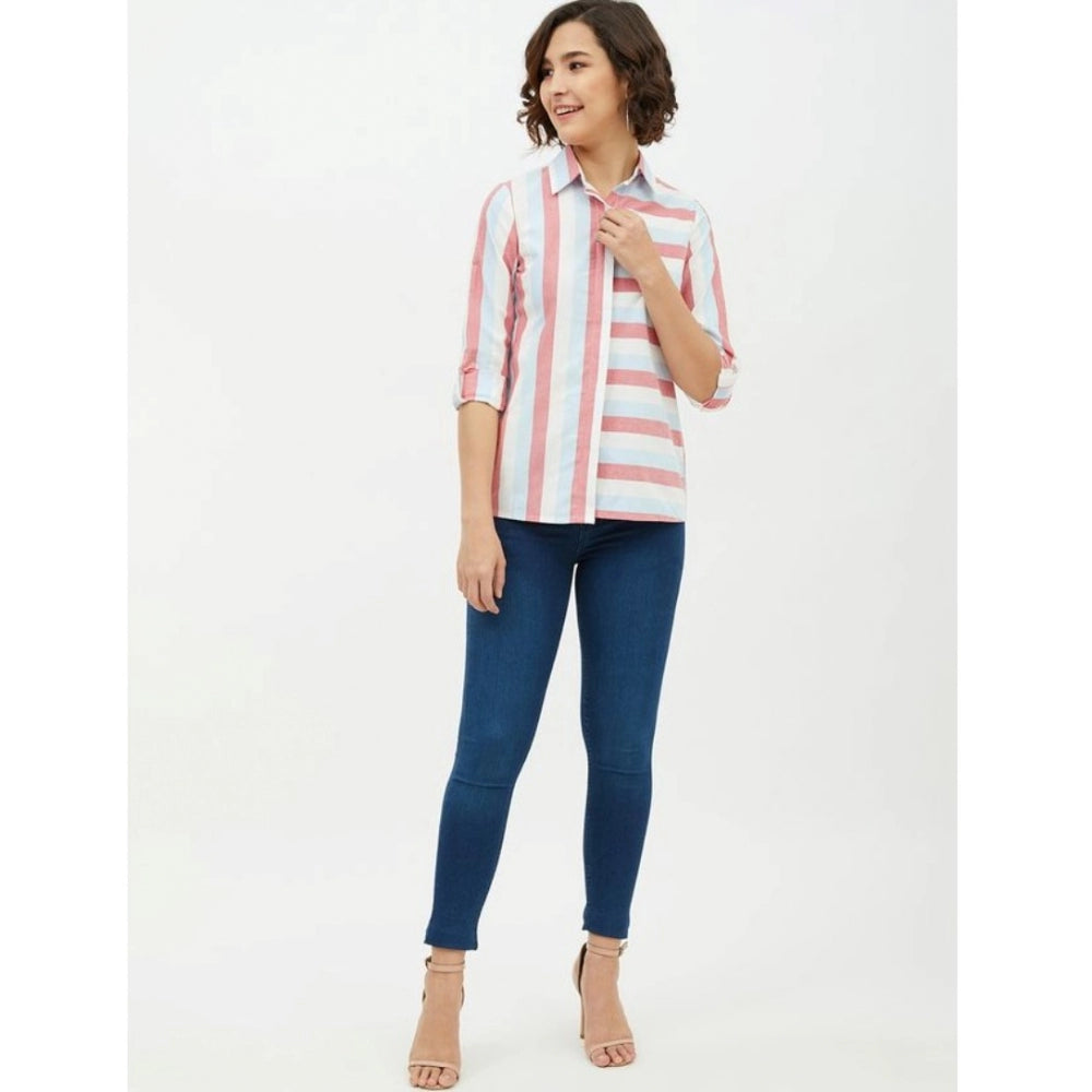 Women's Cotton Striped Long Sleeves Standard Length Shirt (Pink) - GillKart