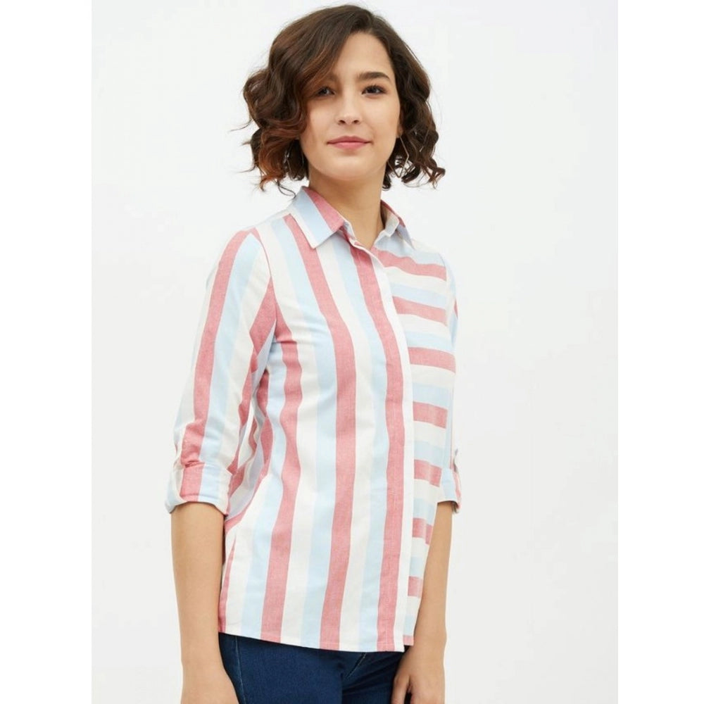 Women's Cotton Striped Long Sleeves Standard Length Shirt (Pink) - GillKart