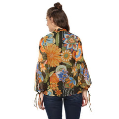 Women's Polyester Floral Balloon Sleeve Top (Mustard - Olive) - GillKart