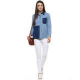 Women's Denim Patch Work Long Sleeves Regular Top (Blue) - GillKart