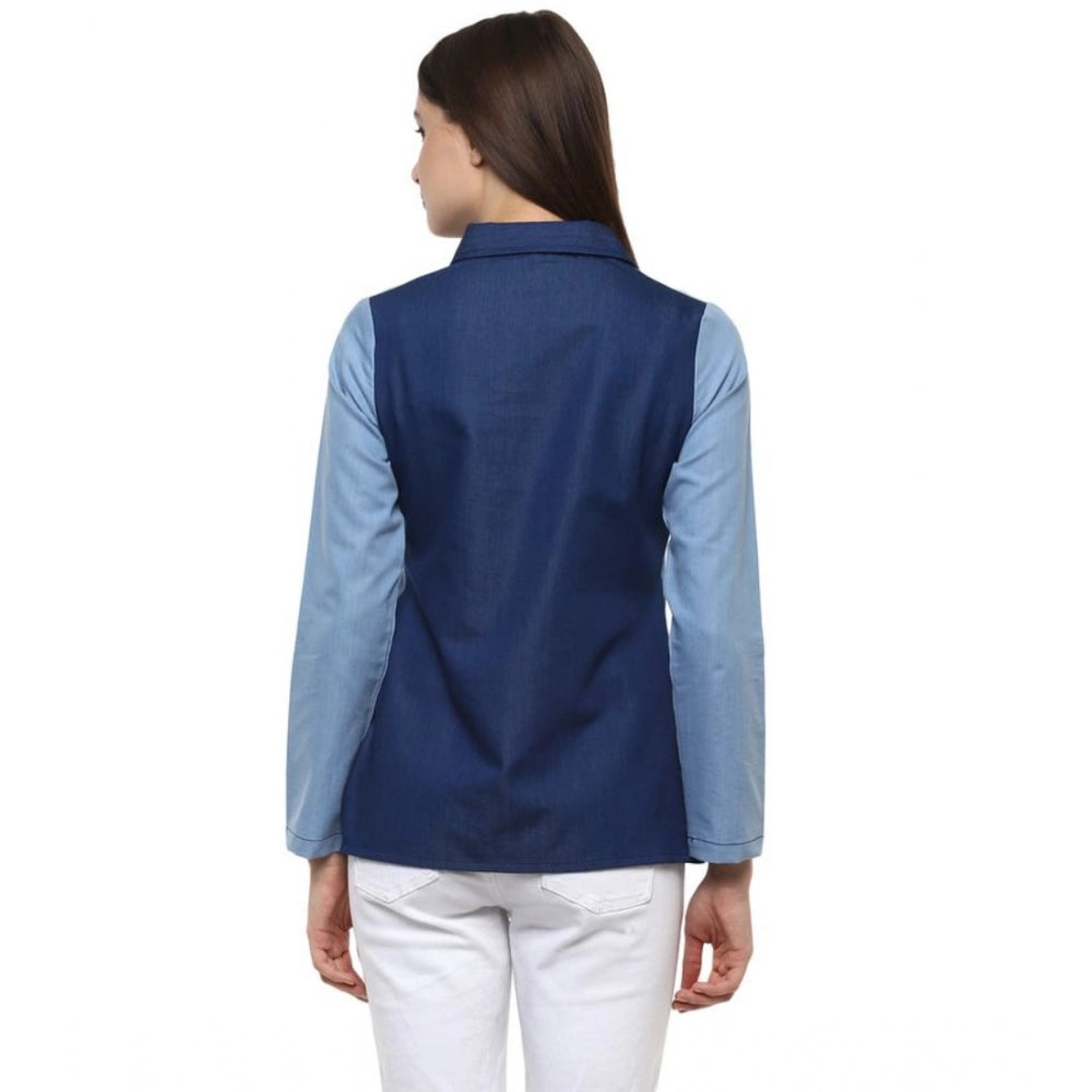 Women's Denim Patch Work Long Sleeves Regular Top (Blue) - GillKart