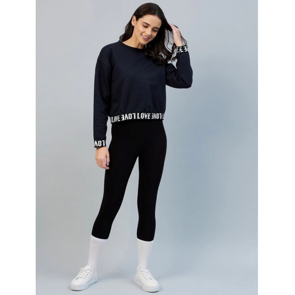 Women's Fleece Solid Long Sleeves Sweatshirt (Navy) - GillKart