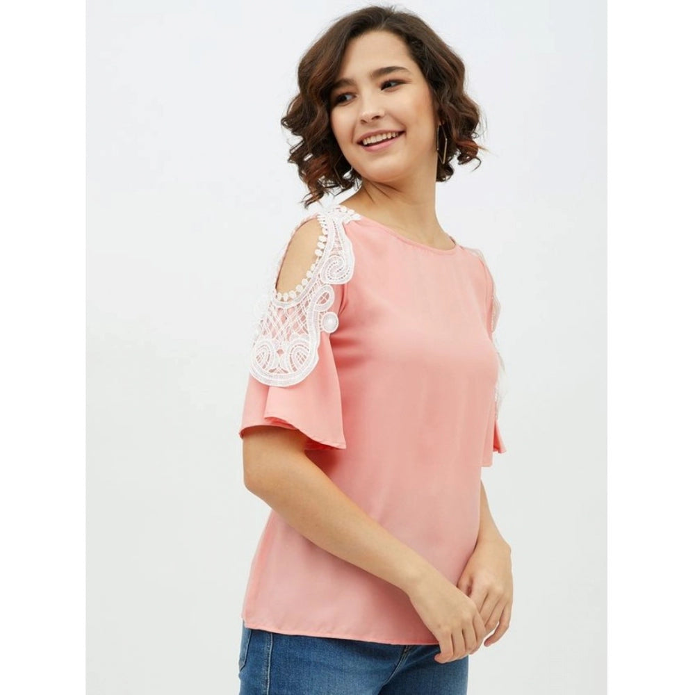 Women's Polyester Lace Inserts Cold Shoulder Top (Pink) - GillKart