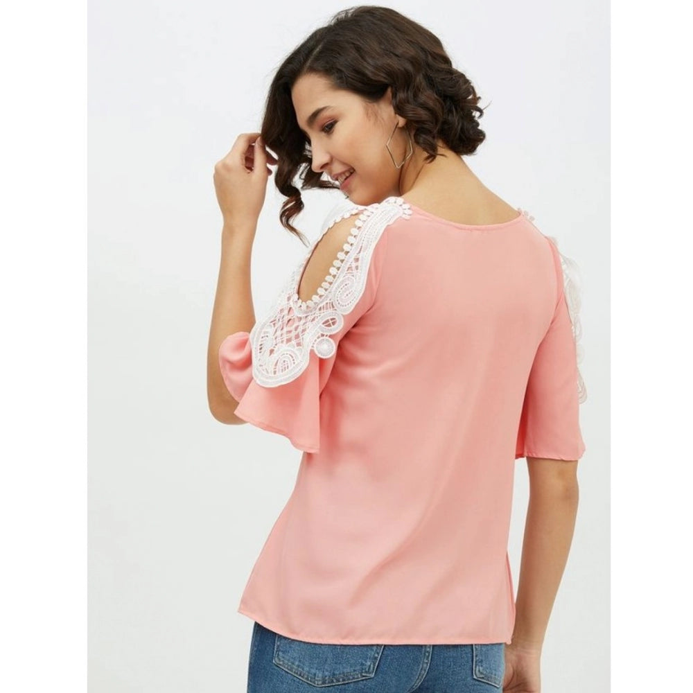 Women's Polyester Lace Inserts Cold Shoulder Top (Pink) - GillKart