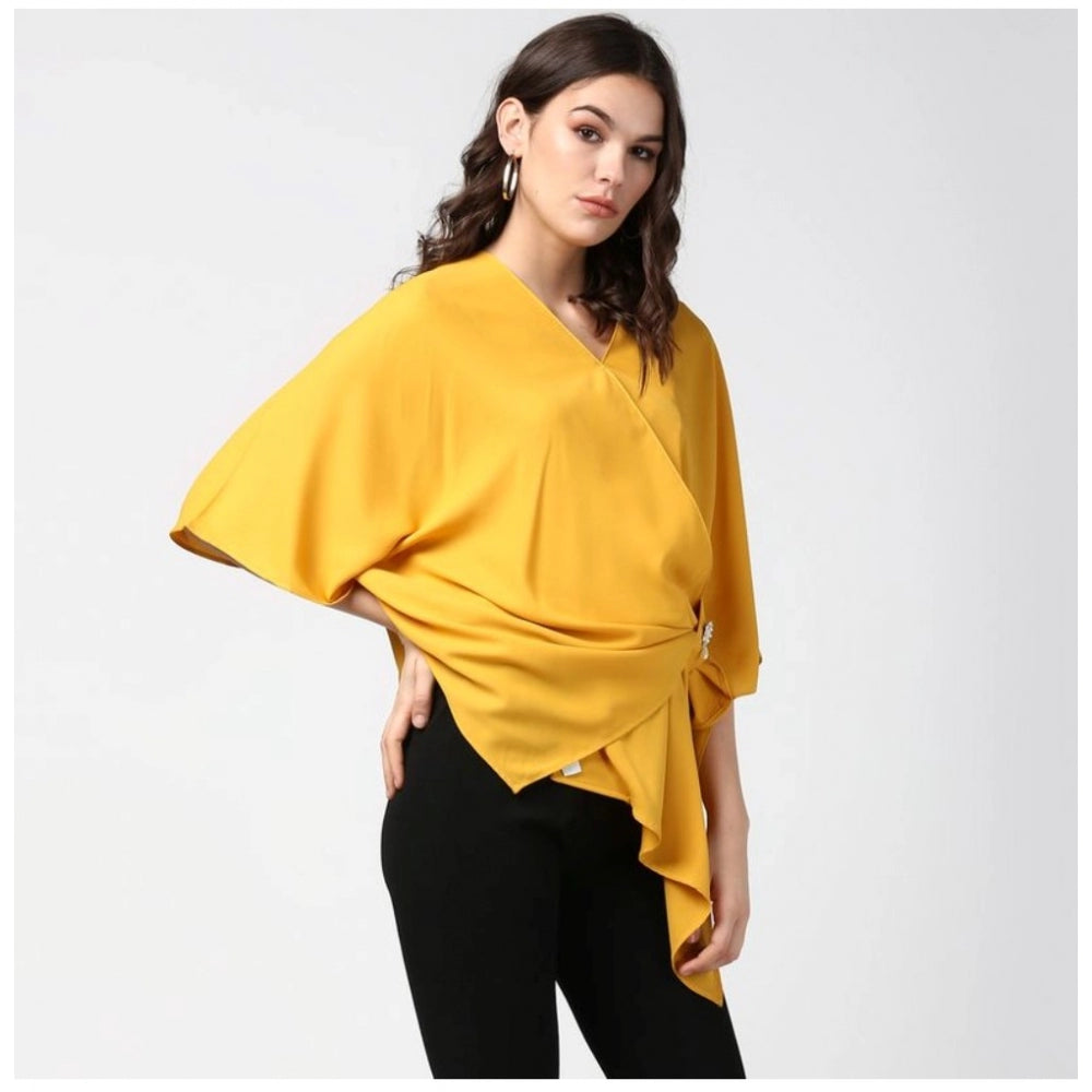 Women's Polyester Solid Cape Sleeve Top (Yellow) - GillKart