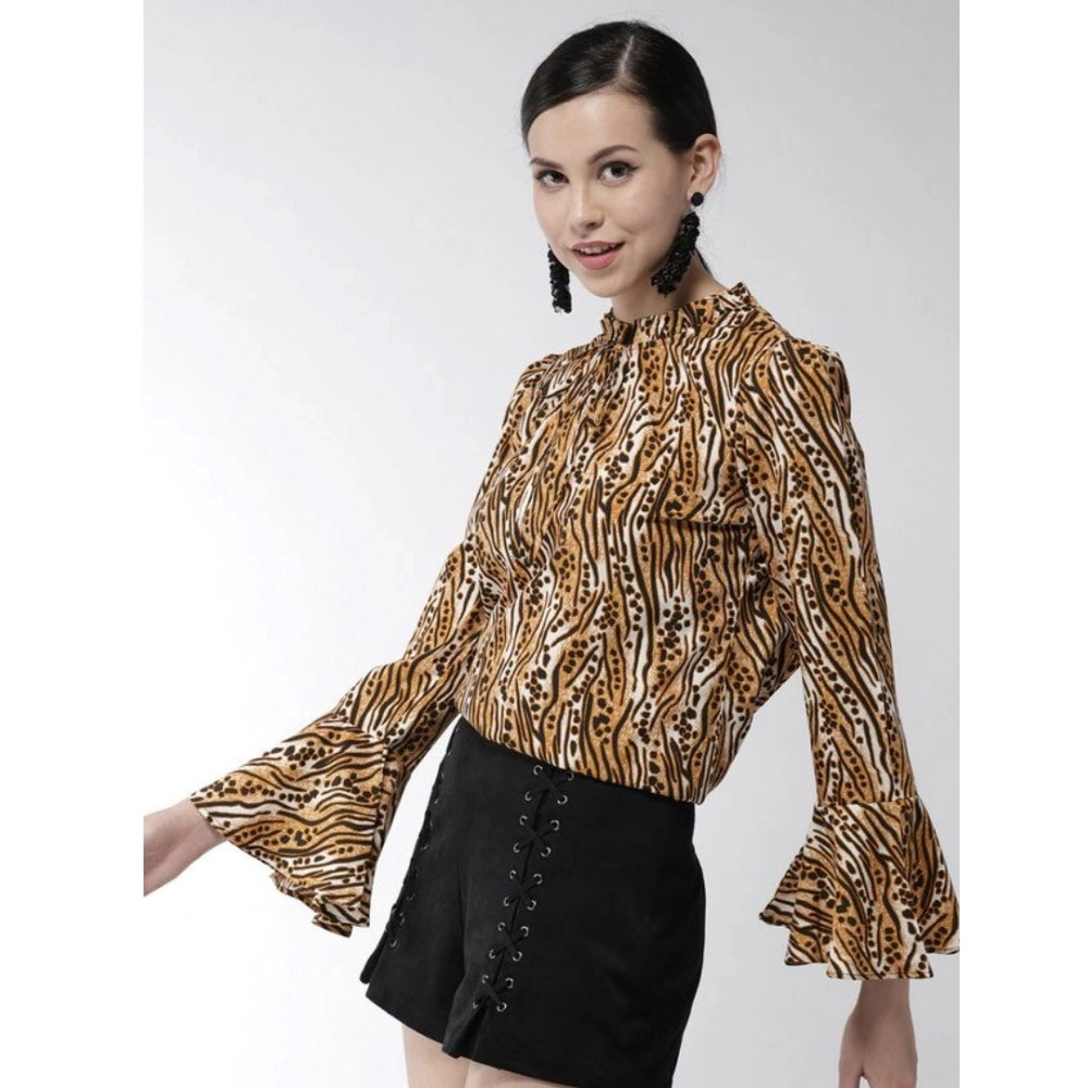 Women's Polyester Printed Bell Sleeve Top (Orange - Black) - GillKart