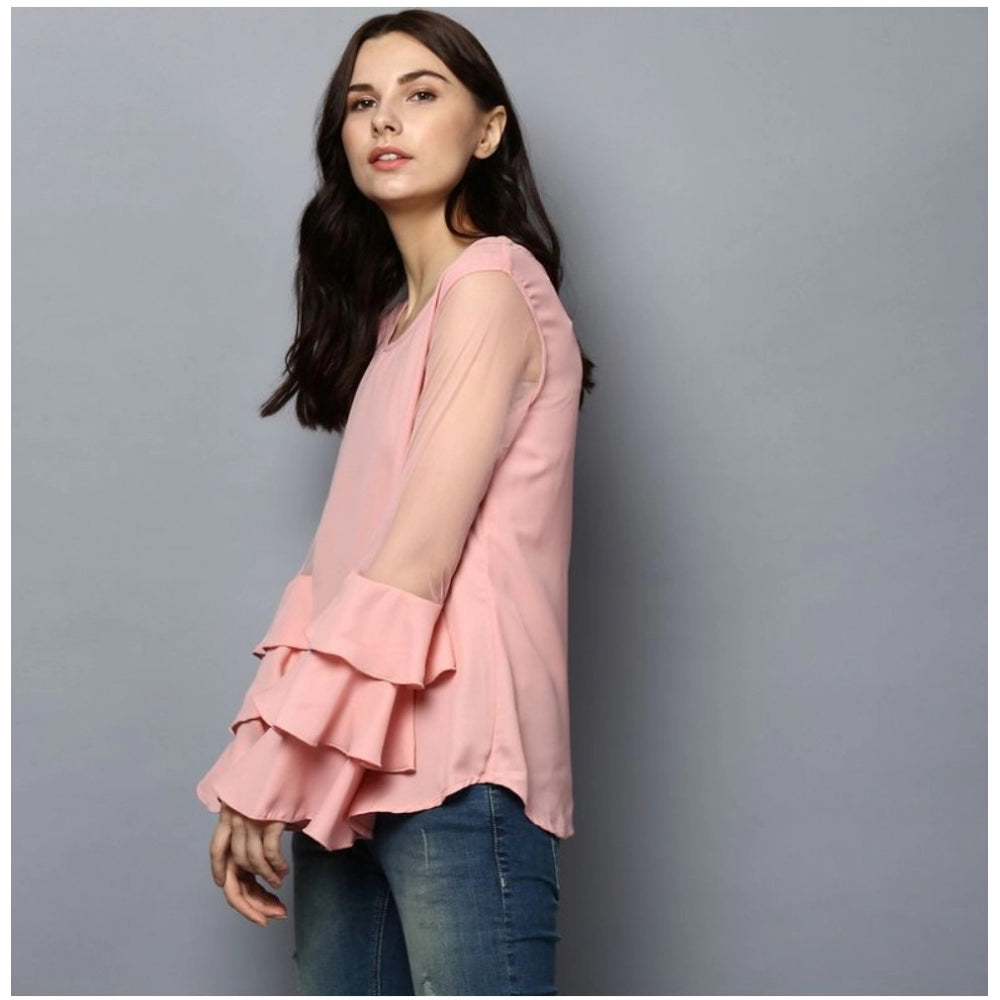 Women's Polyester Solid Tier Sleeve Top (Pink) - GillKart