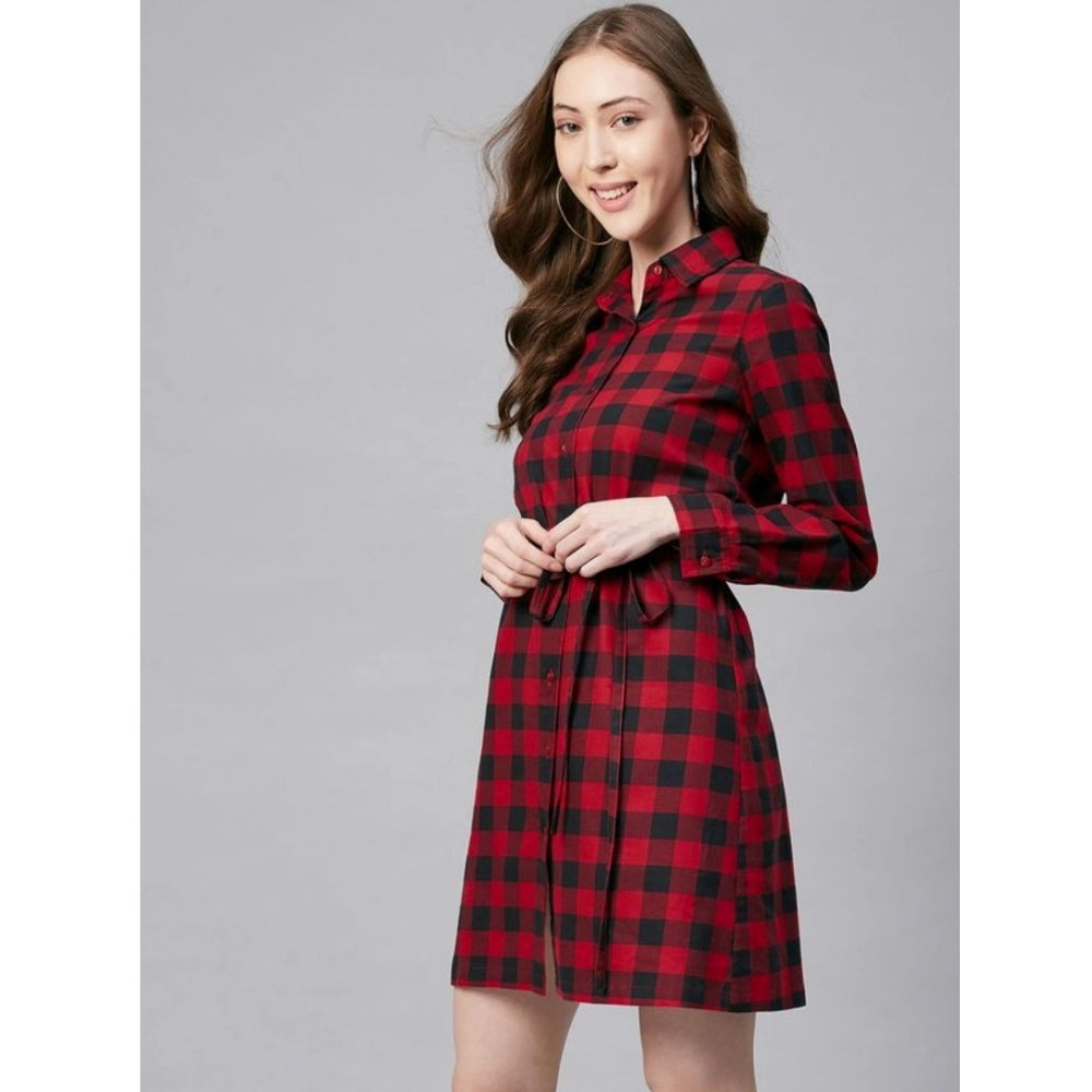 Women's Cotton Checkered Long Sleeves Above Knee Dress (Red - Black) - GillKart