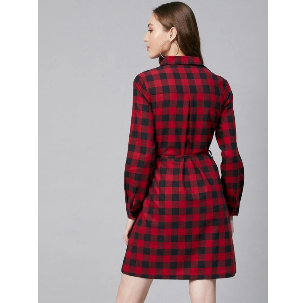 Women's Cotton Checkered Long Sleeves Above Knee Dress (Red - Black) - GillKart