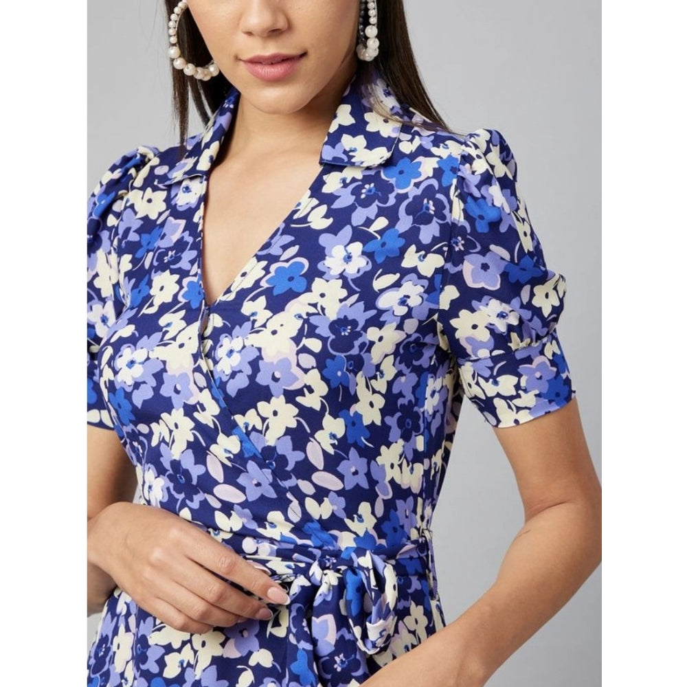 Women's Polyester Floral Short Sleeve Above Knee Dress (Blue - Purple) - GillKart