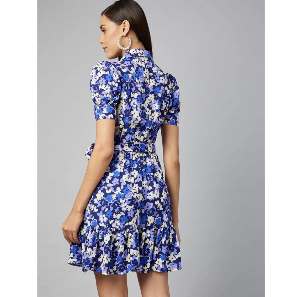 Women's Polyester Floral Short Sleeve Above Knee Dress (Blue - Purple) - GillKart