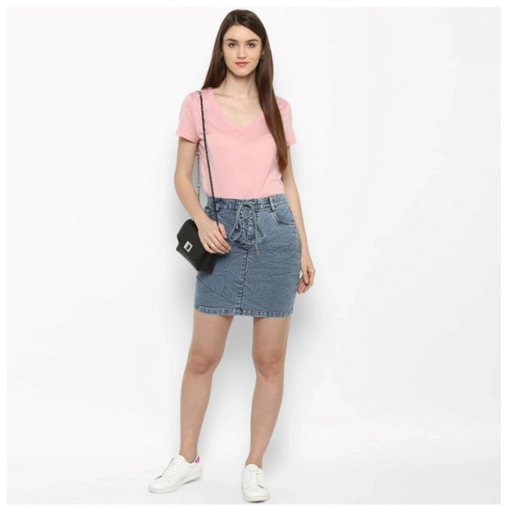 Women's Denim Draw String Buttoned Skirt (Blue) - GillKart