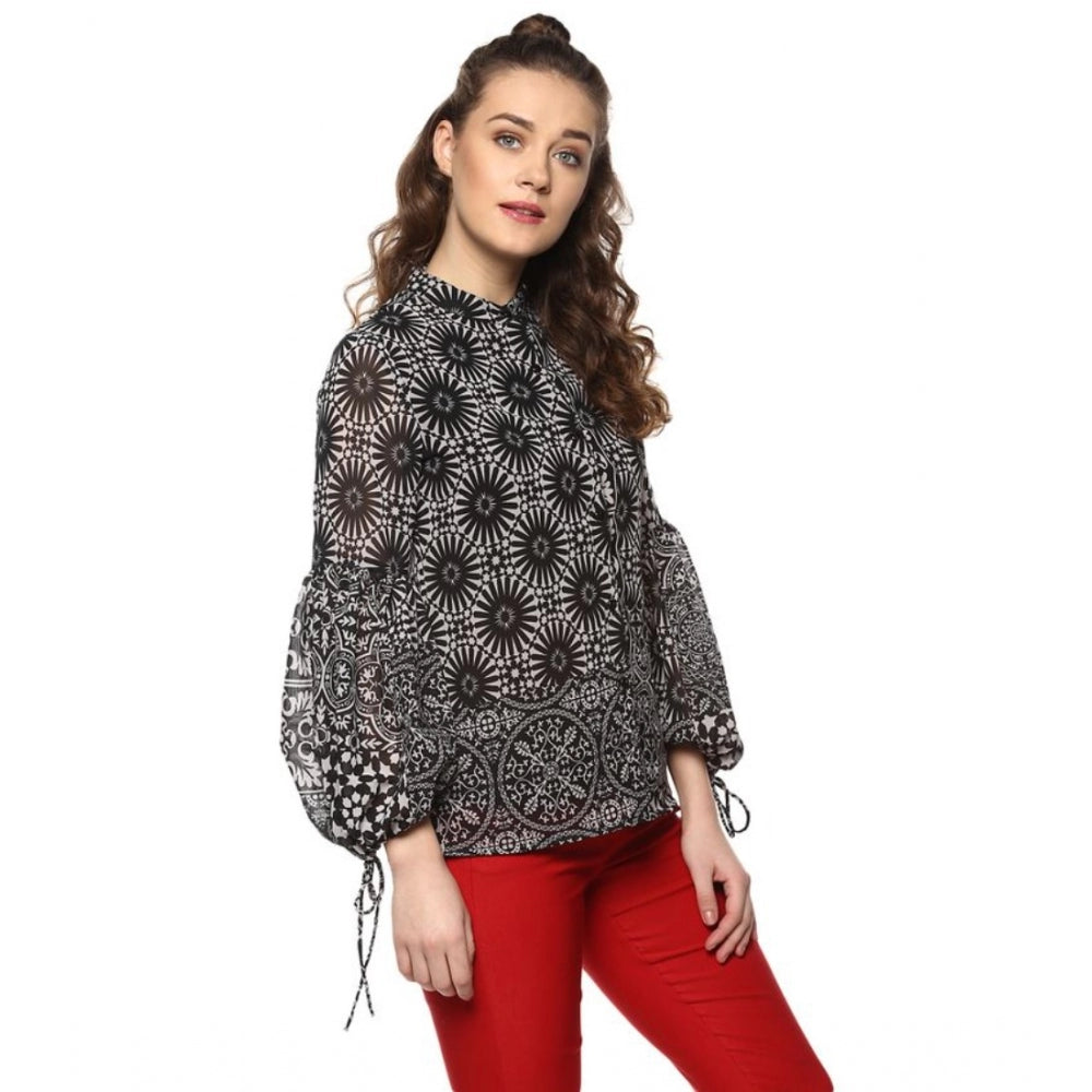 Women's Polyester Printed Balloon Sleeve Top (Black - White) - GillKart