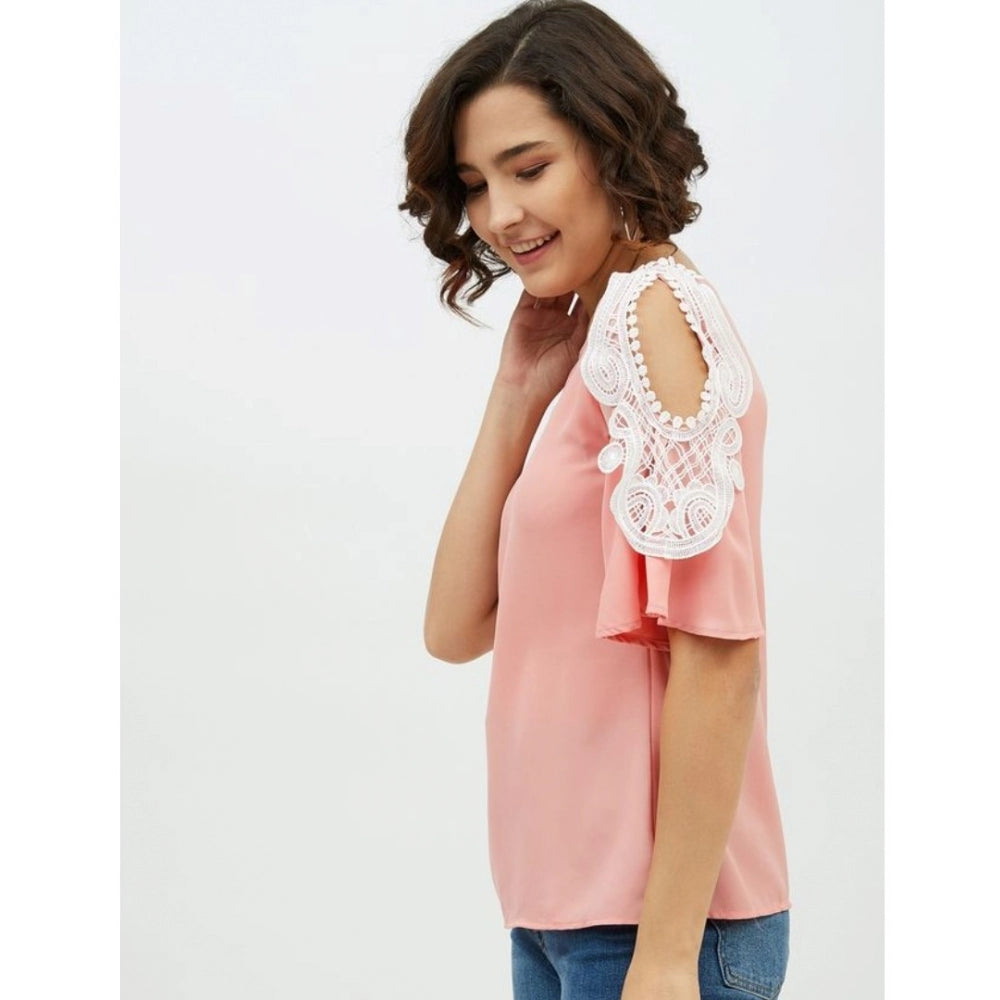 Women's Polyester Lace Inserts Cold Shoulder Top (Pink) - GillKart