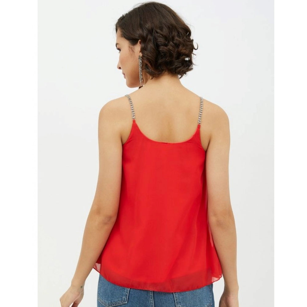 Women's Polyester Embellished Shoulder Straps Top (Red) - GillKart