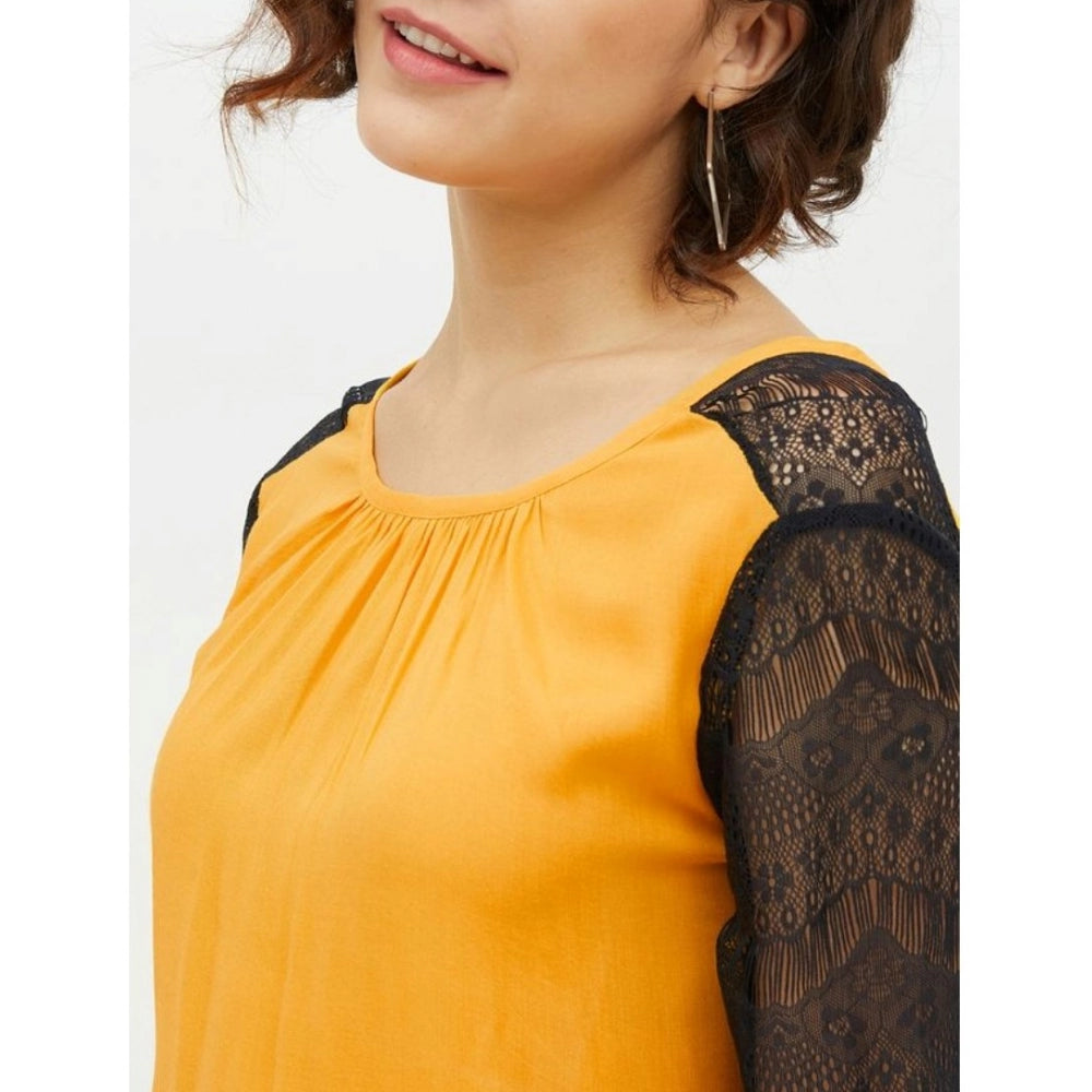 Women's Rayon Lace Inserts Long Sleeves Top (Yellow) - GillKart