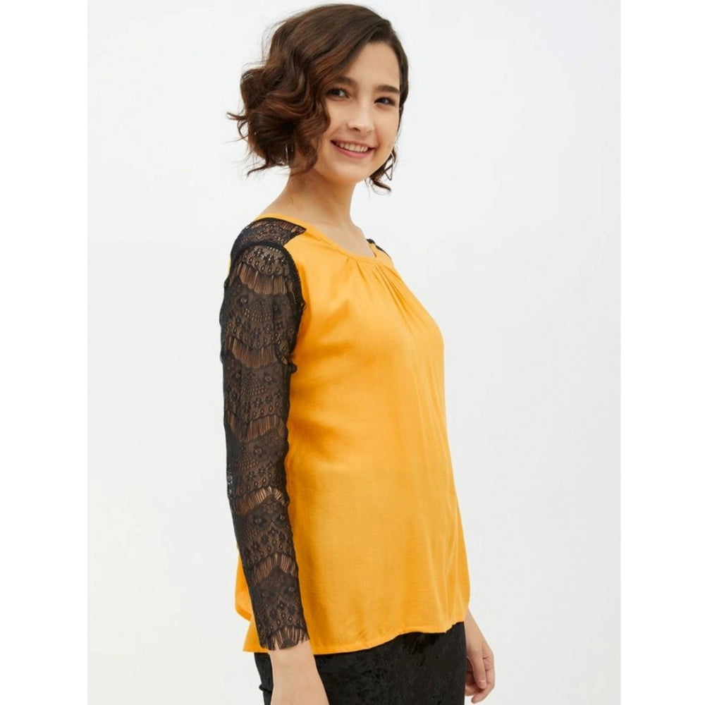 Women's Rayon Lace Inserts Long Sleeves Top (Yellow) - GillKart