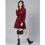 Women's Cotton Checkered Long Sleeves Above Knee Dress (Red - Black) - GillKart