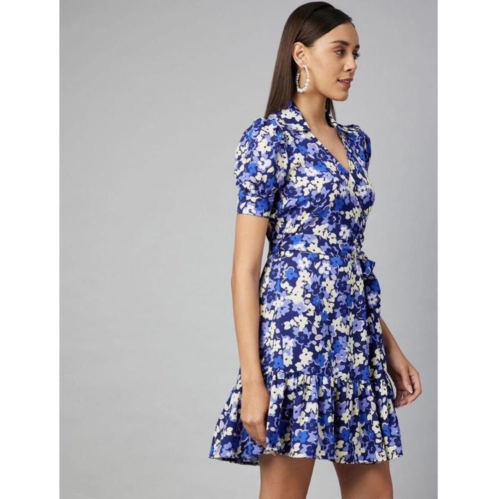 Women's Polyester Floral Short Sleeve Above Knee Dress (Blue - Purple) - GillKart