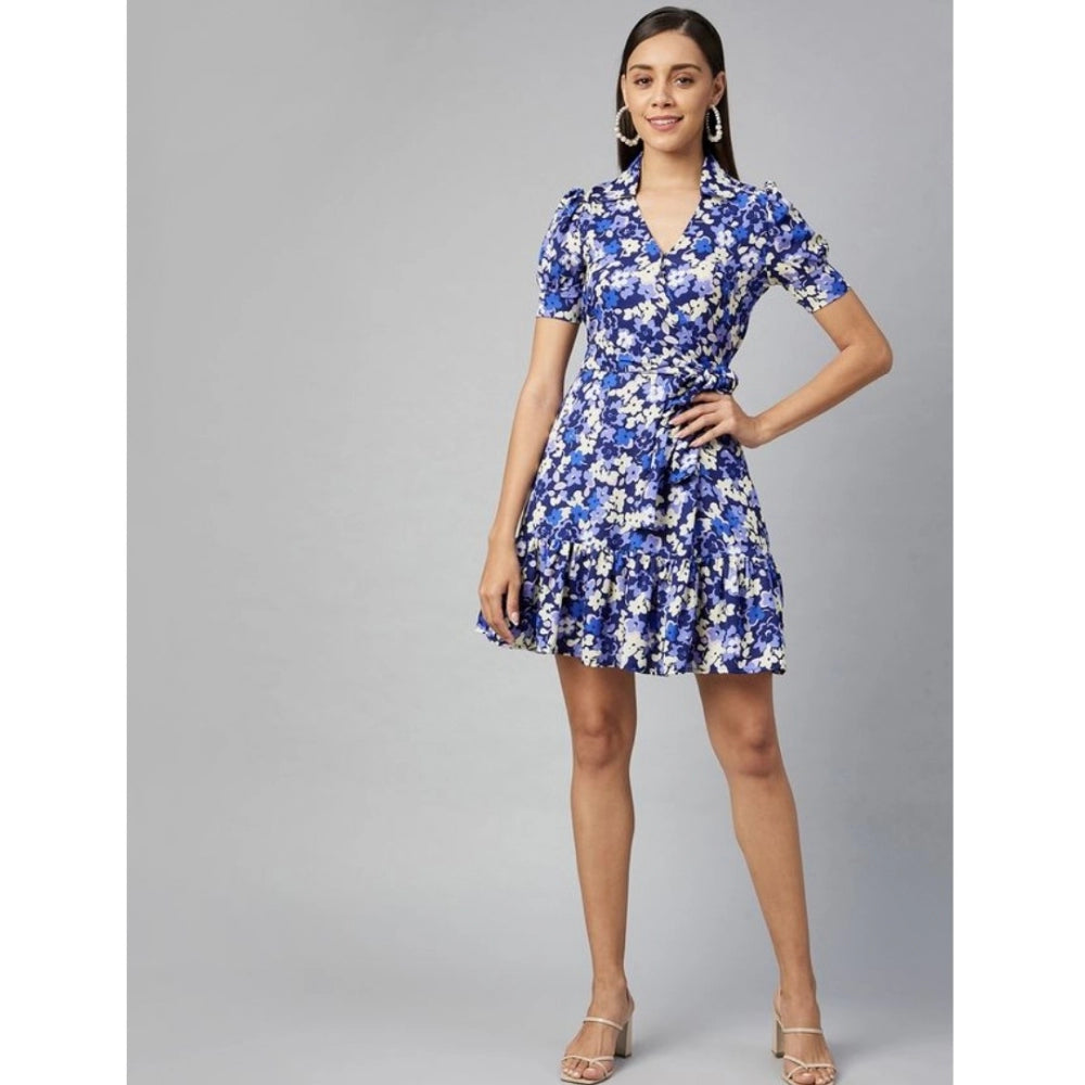 Women's Polyester Floral Short Sleeve Above Knee Dress (Blue - Purple) - GillKart