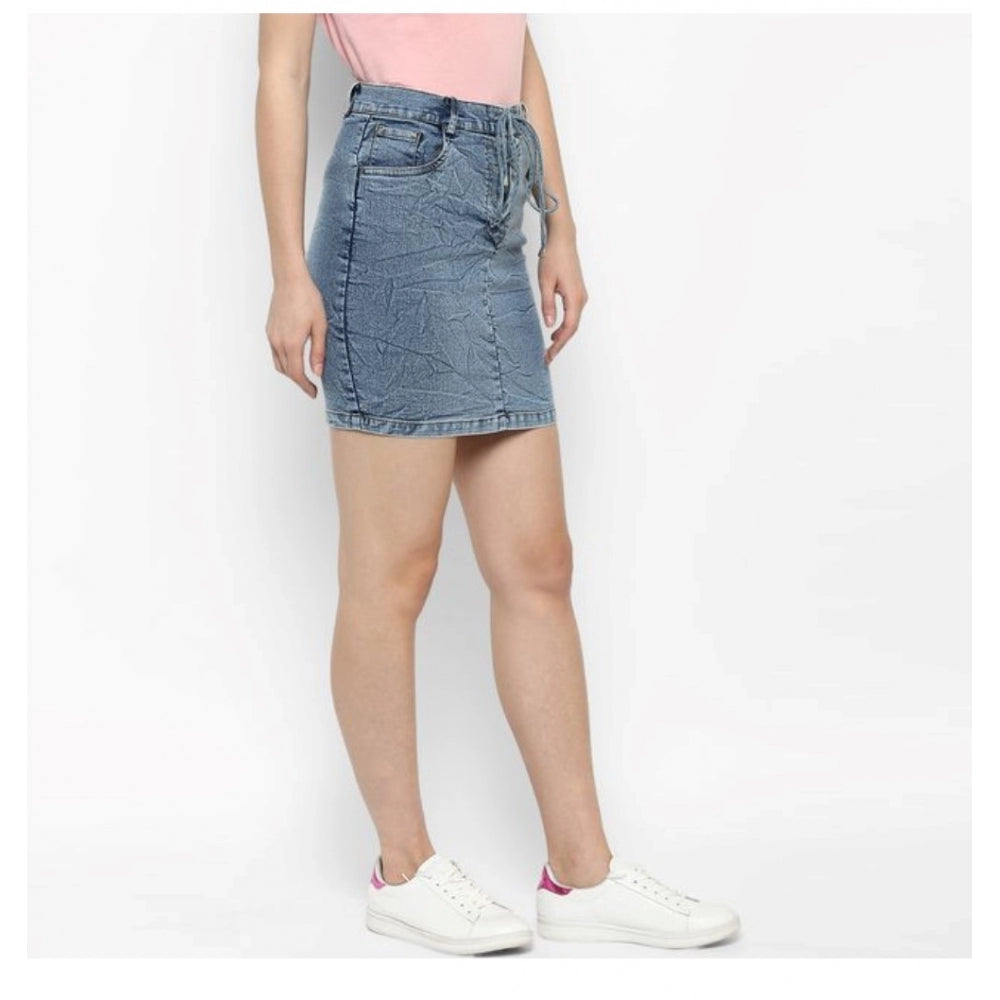 Women's Denim Draw String Buttoned Skirt (Blue) - GillKart