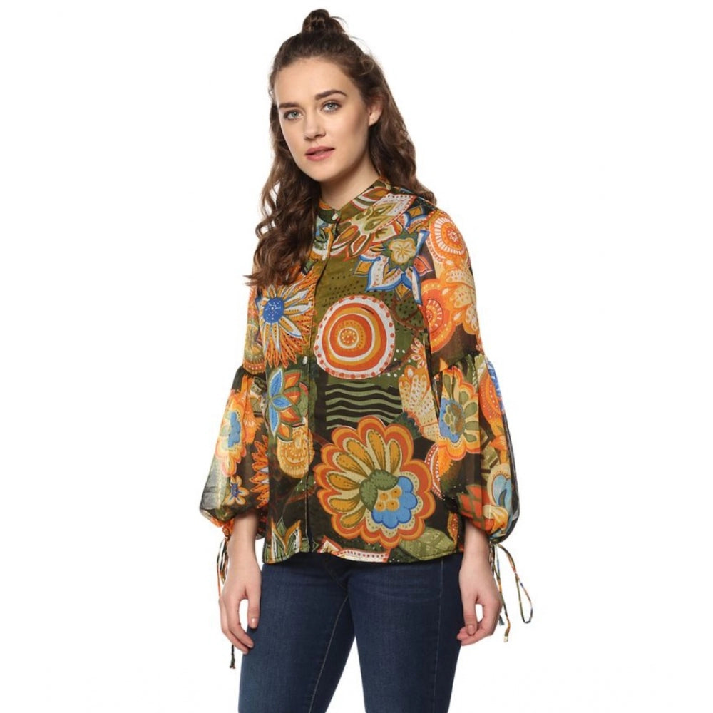 Women's Polyester Floral Balloon Sleeve Top (Mustard - Olive) - GillKart