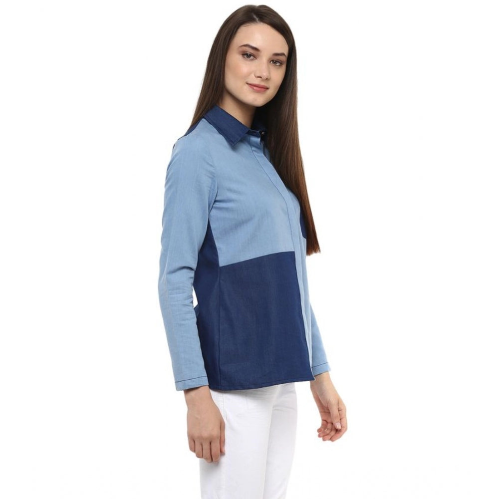 Women's Denim Patch Work Long Sleeves Regular Top (Blue) - GillKart