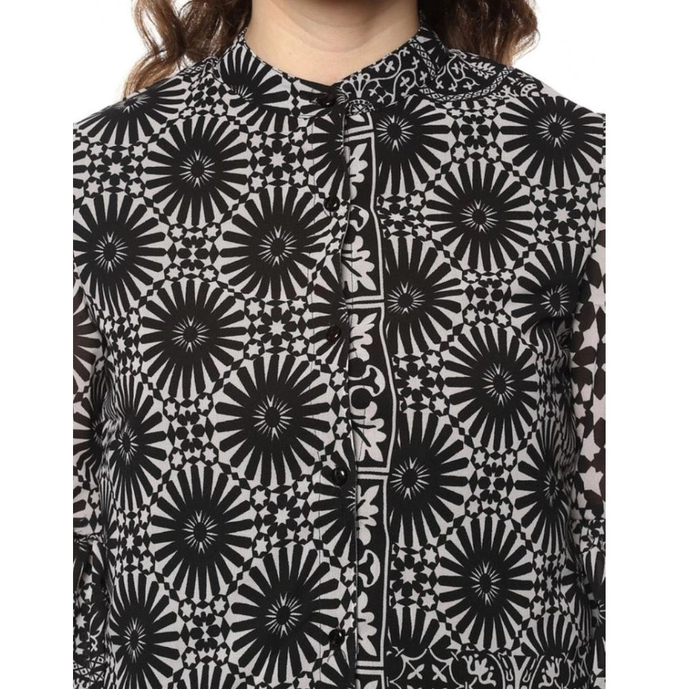 Women's Polyester Printed Balloon Sleeve Top (Black - White) - GillKart