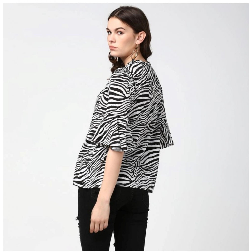 Women's Polyester Animal Print Bell Sleeve Top (Black - White) - GillKart