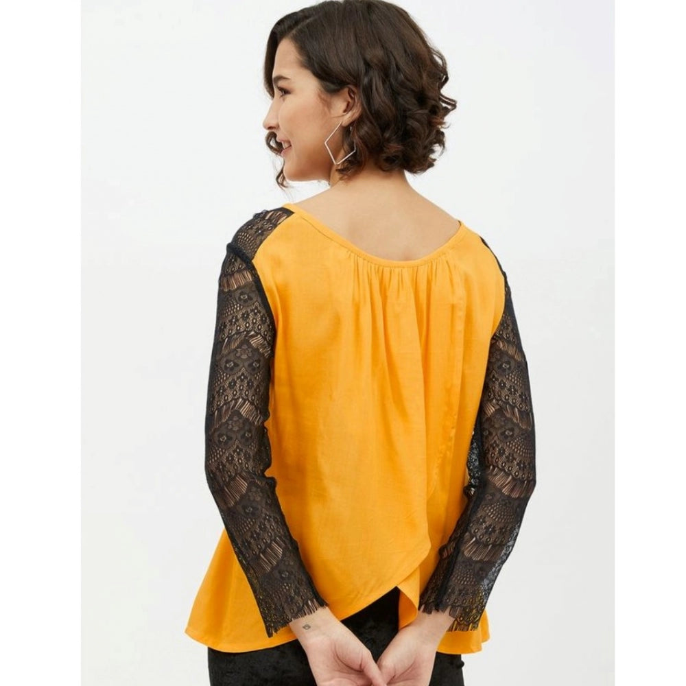 Women's Rayon Lace Inserts Long Sleeves Top (Yellow) - GillKart