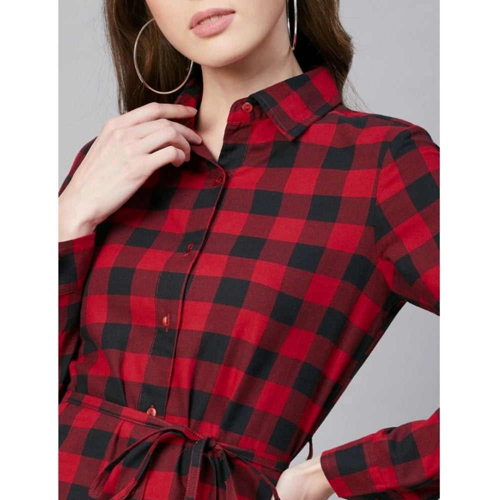 Women's Cotton Checkered Long Sleeves Above Knee Dress (Red - Black) - GillKart