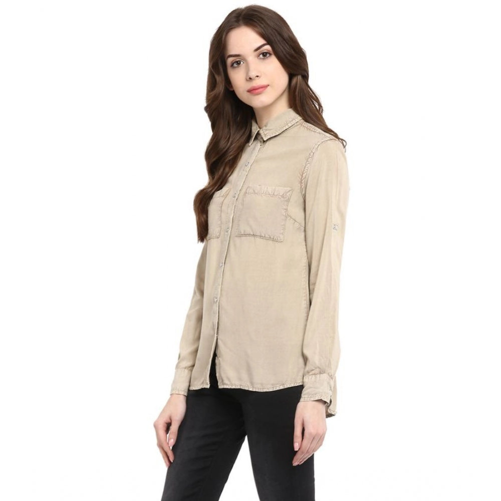 Women's Rayon Solid Long Sleeves Standard Length Shirt (Beige) - GillKart