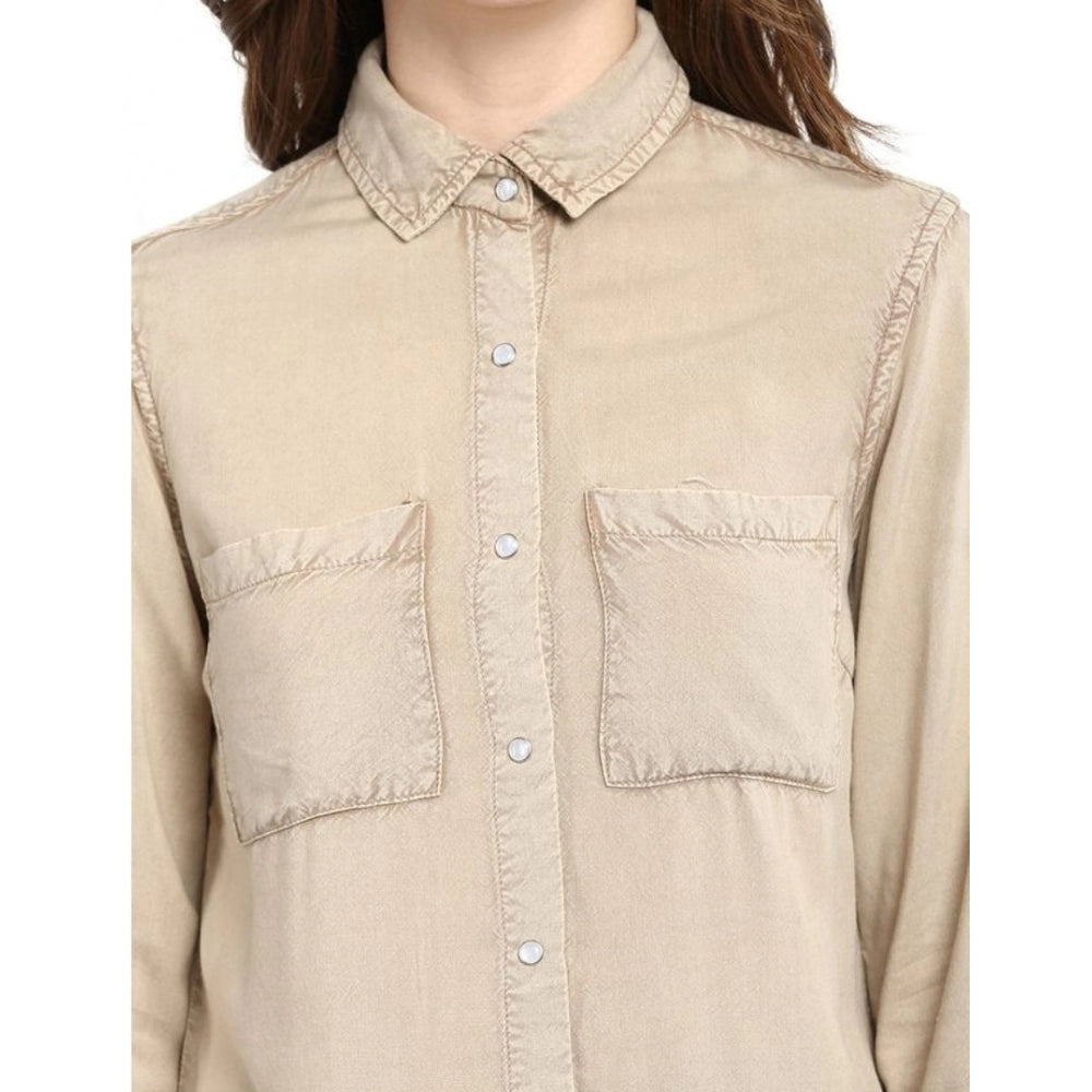 Women's Rayon Solid Long Sleeves Standard Length Shirt (Beige) - GillKart