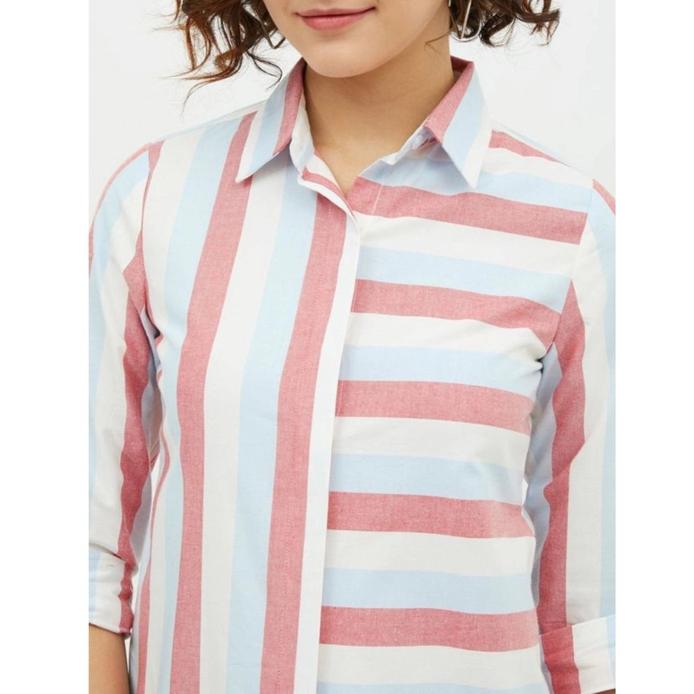 Women's Cotton Striped Long Sleeves Standard Length Shirt (Pink) - GillKart