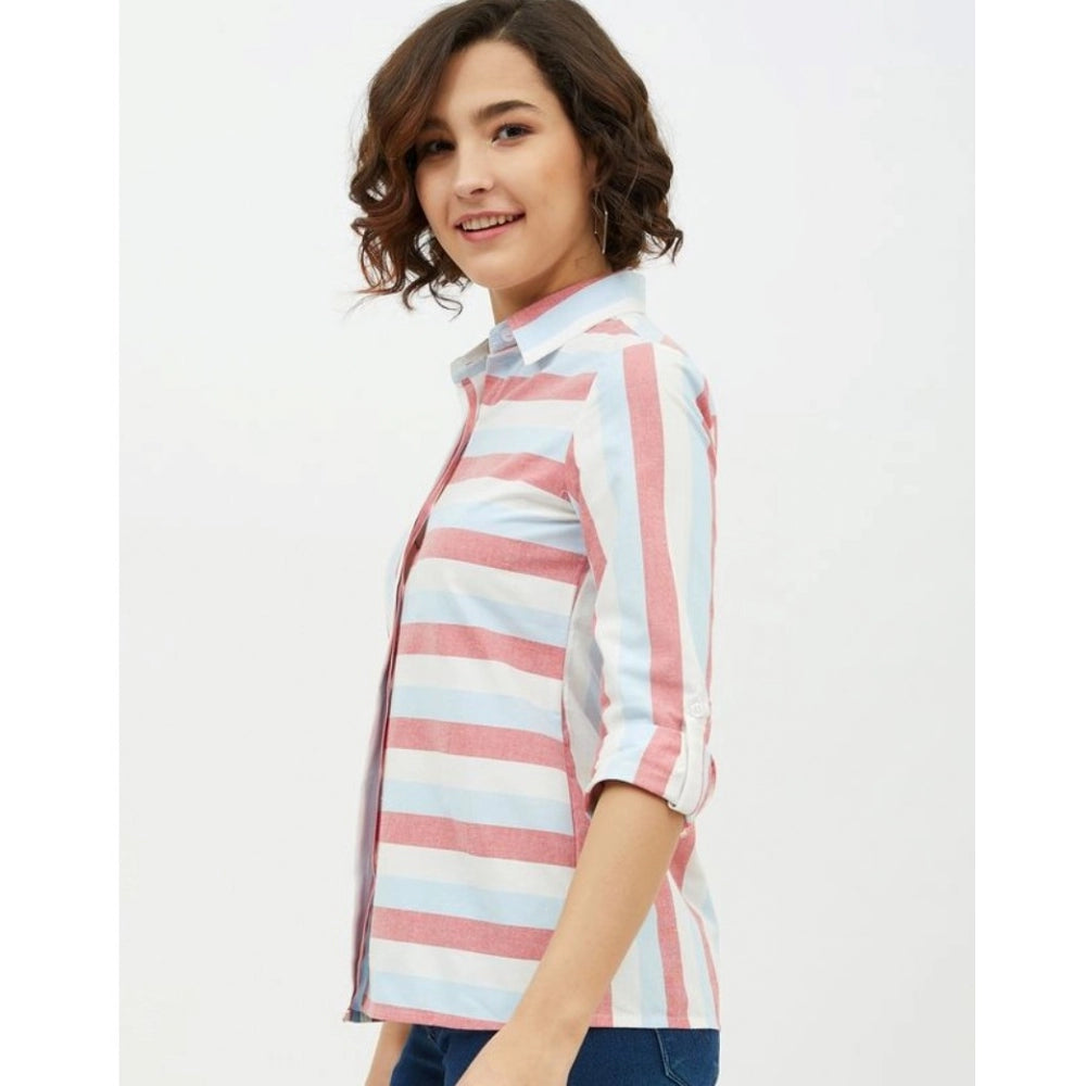 Women's Cotton Striped Long Sleeves Standard Length Shirt (Pink) - GillKart