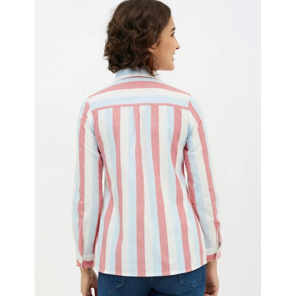 Women's Cotton Striped Long Sleeves Standard Length Shirt (Pink) - GillKart