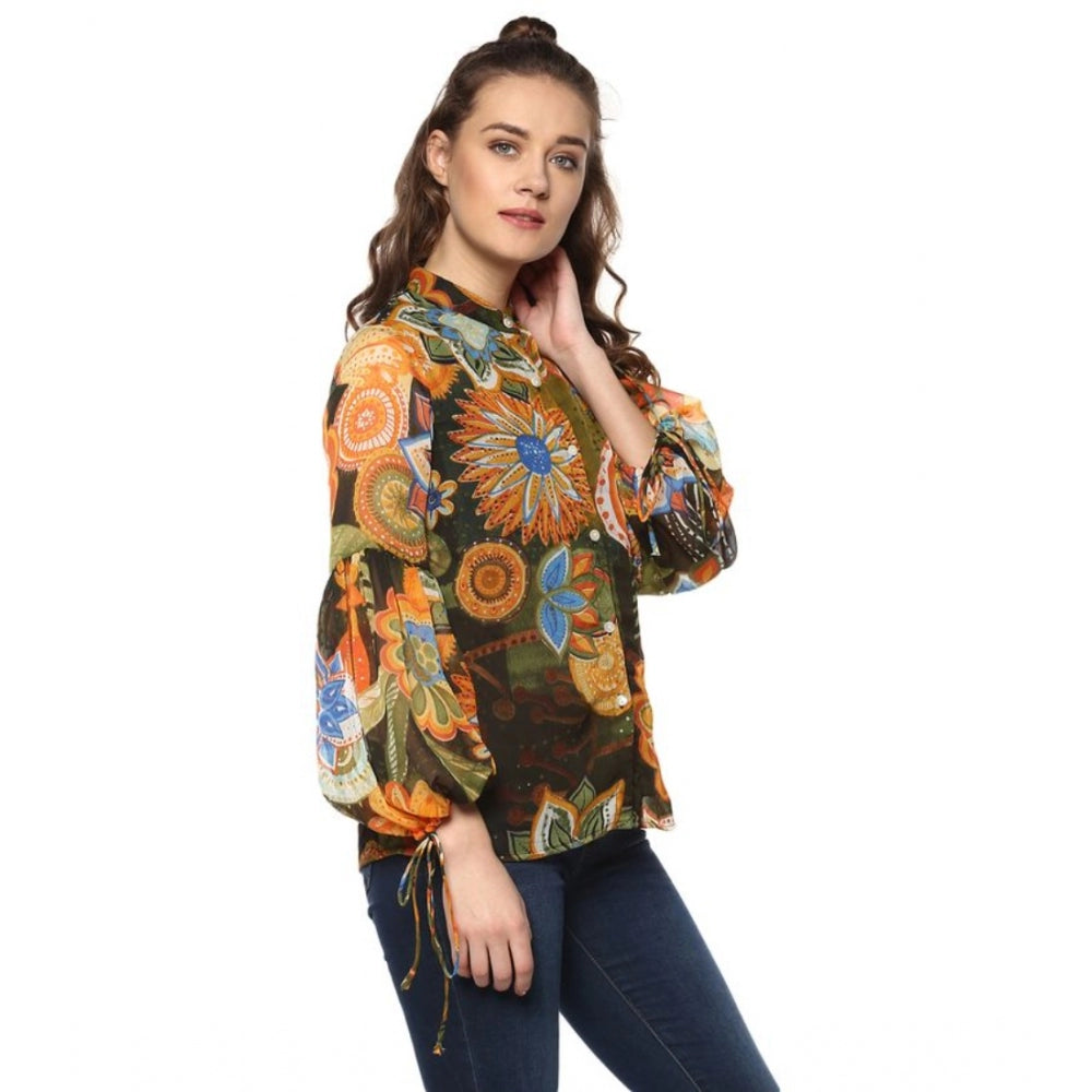 Women's Polyester Floral Balloon Sleeve Top (Mustard - Olive) - GillKart