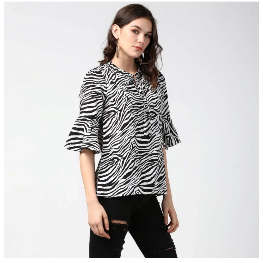 Women's Polyester Animal Print Bell Sleeve Top (Black - White) - GillKart