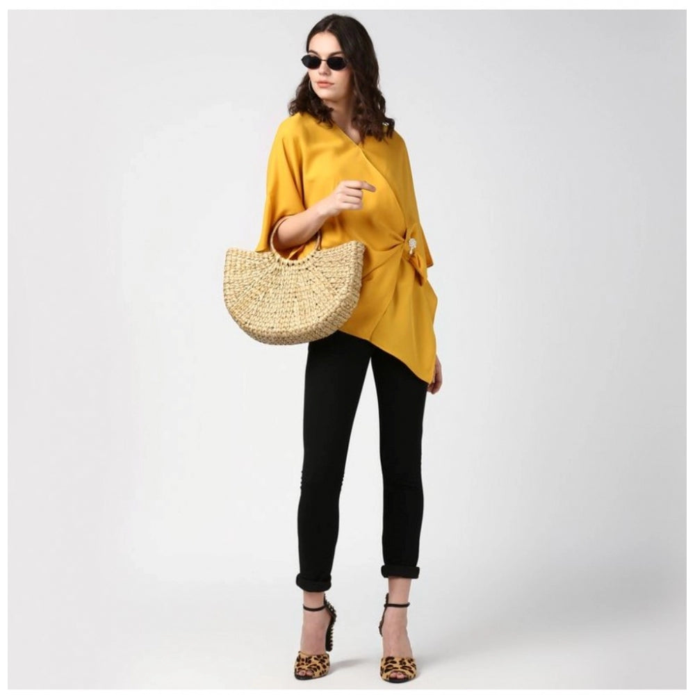 Women's Polyester Solid Cape Sleeve Top (Yellow) - GillKart