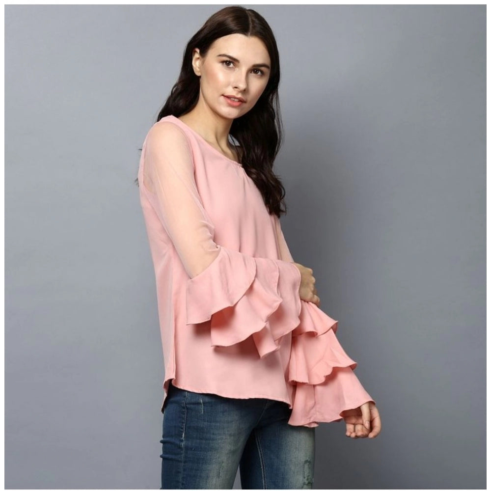 Women's Polyester Solid Tier Sleeve Top (Pink) - GillKart