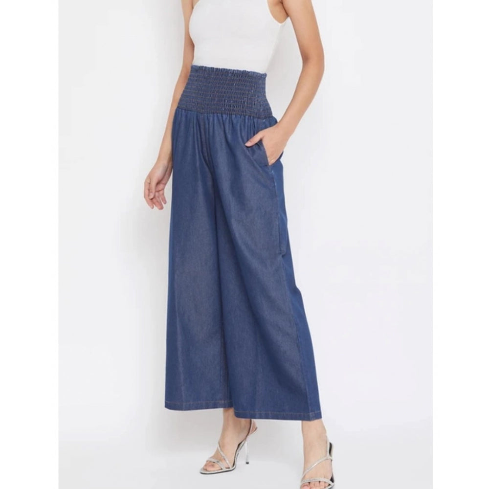 Women's Denim Solid Smocked Trousers (Navy Blue) - GillKart