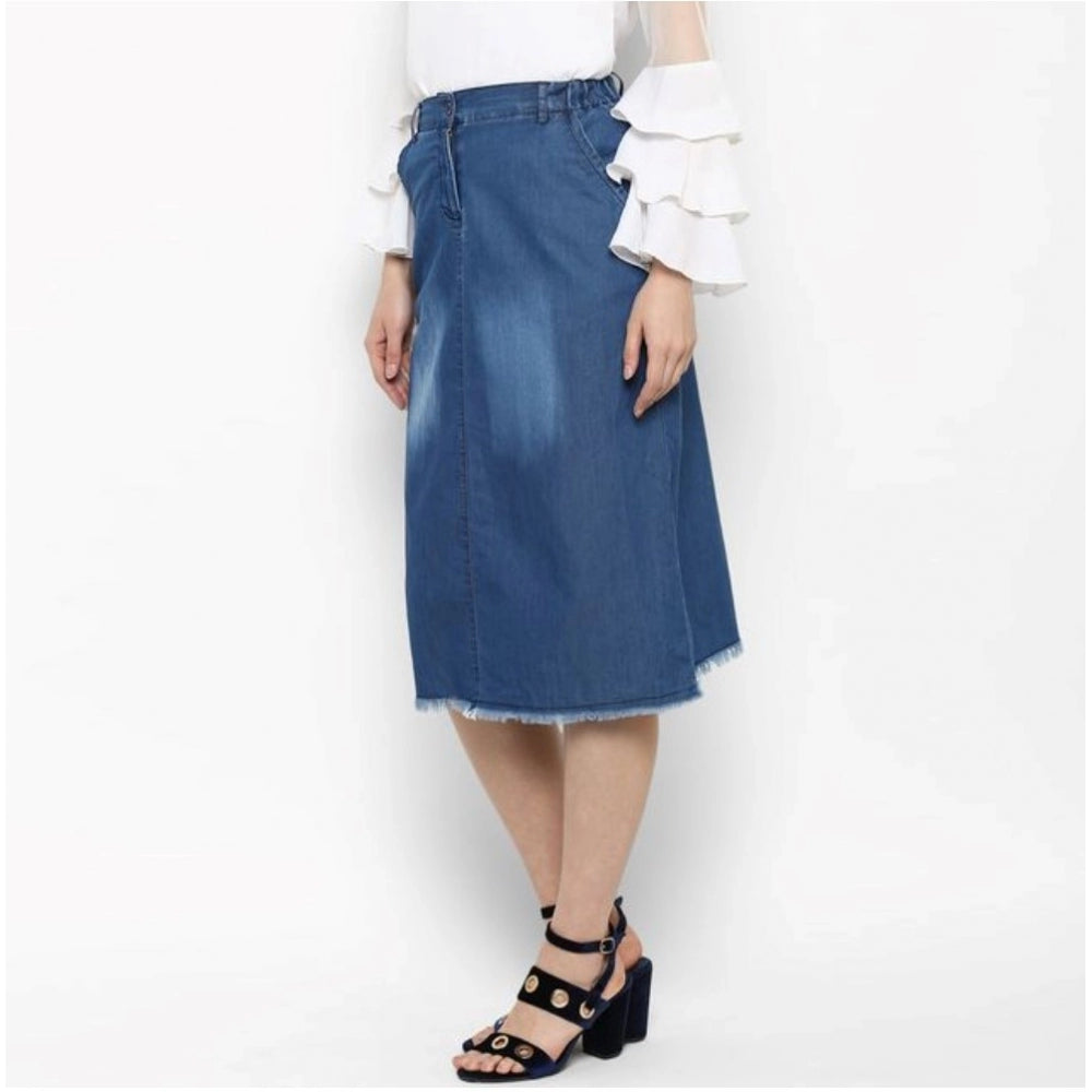 Women's Denim Washed Buttoned Skirt (Blue) - GillKart