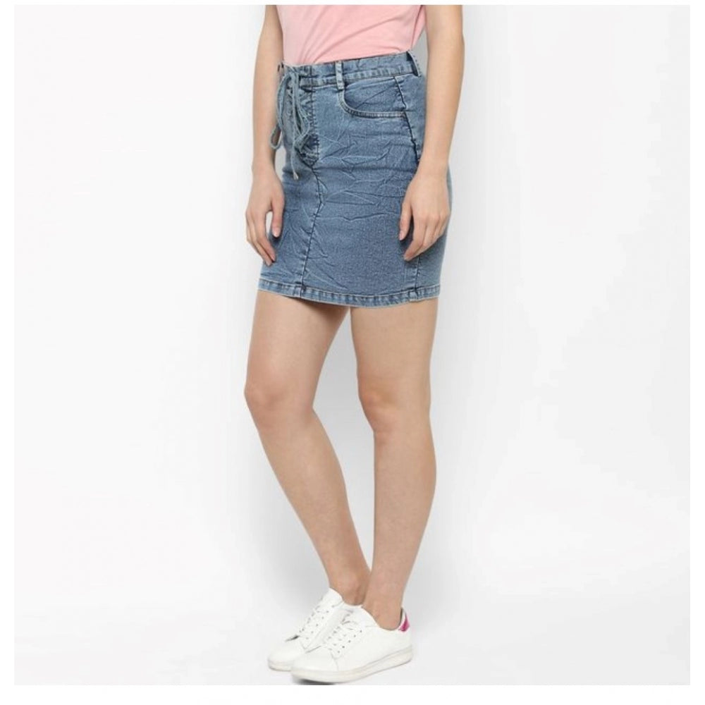 Women's Denim Draw String Buttoned Skirt (Blue) - GillKart