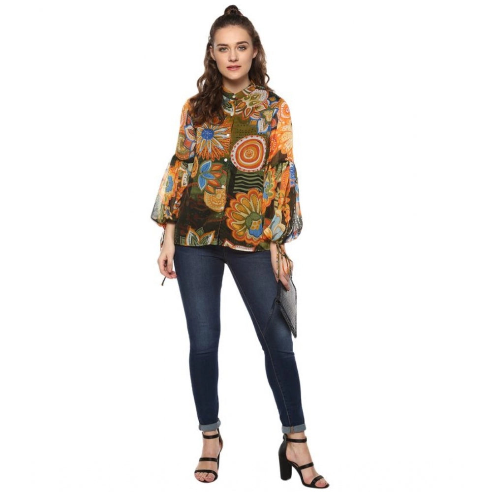 Women's Polyester Floral Balloon Sleeve Top (Mustard - Olive) - GillKart