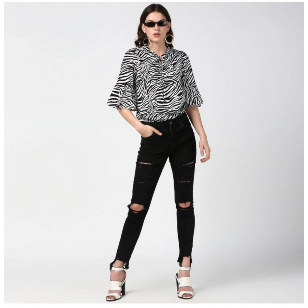 Women's Polyester Animal Print Bell Sleeve Top (Black - White) - GillKart