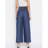 Women's Denim Solid Smocked Trousers (Navy Blue) - GillKart