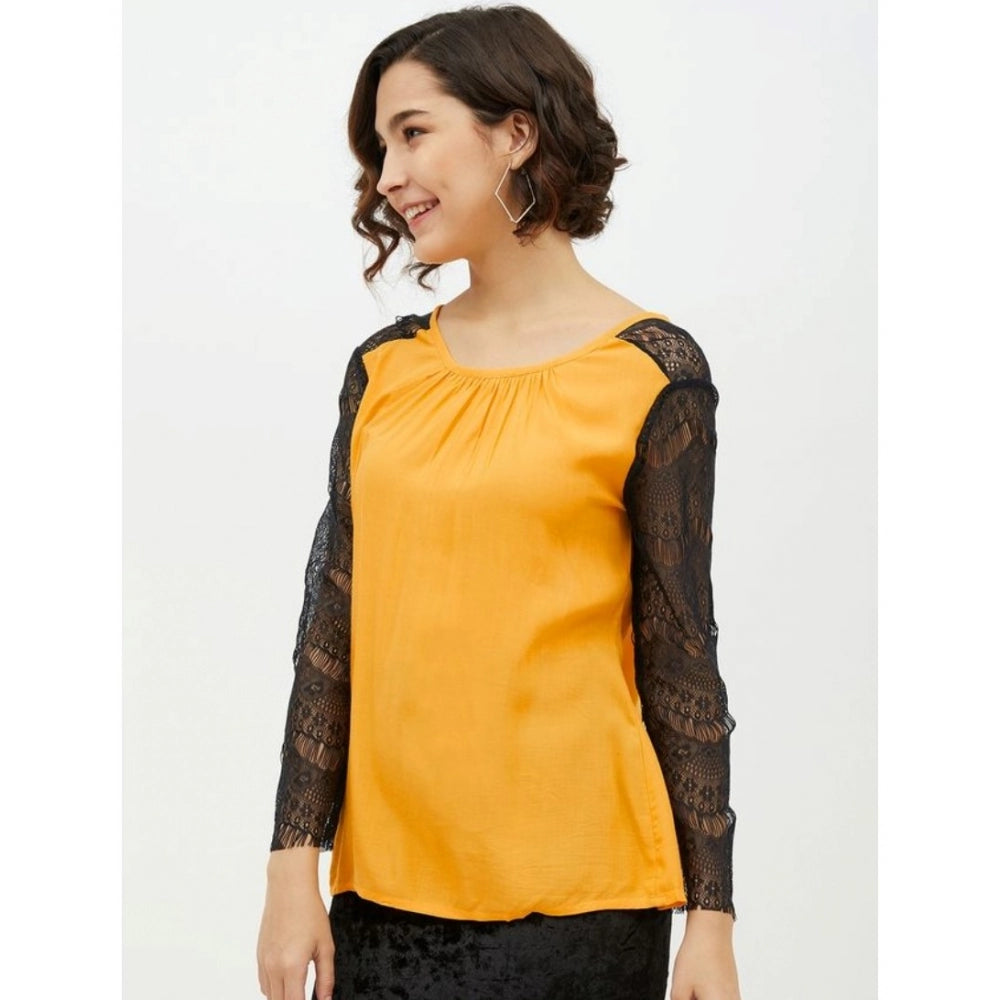 Women's Rayon Lace Inserts Long Sleeves Top (Yellow) - GillKart