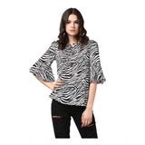 Women's Polyester Animal Print Bell Sleeve Top (Black - White) - GillKart